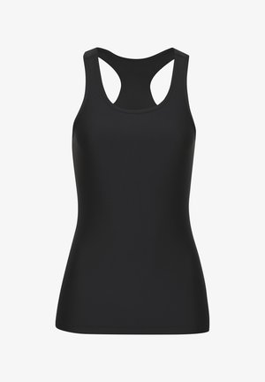 Schwarzes ärmelloses Tanktop mit Racerback-Design, aus glattem, elastischem Stoff, taillierte Passform und sauberen Kanten.