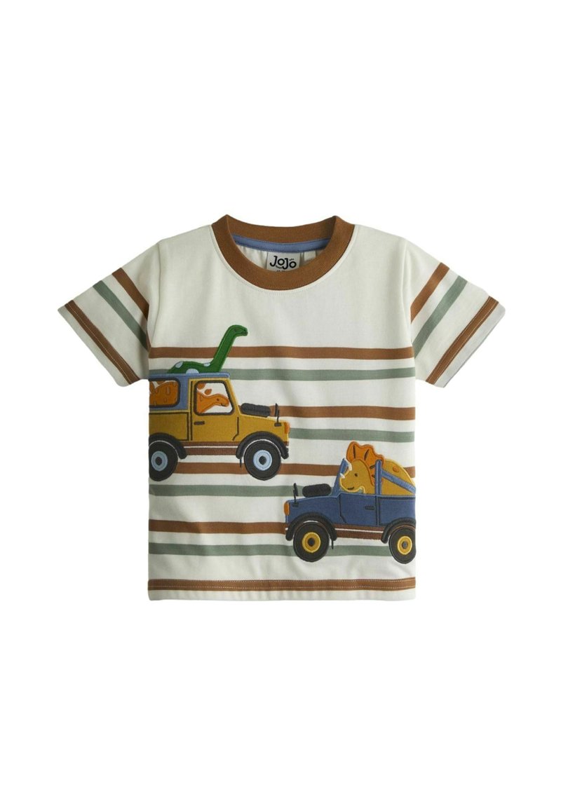 Rövid ujjú fehér gyerek ing barna és zöld csíkokkal, két autóval, amelyeken dinoszaurusz figurák utaznak.