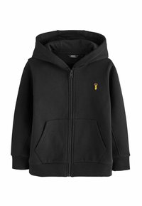 Felpa nera con zip realizzata in tessuto misto cotone. Presenta una tasca a marsupio, polsini a costine e un piccolo logo di astice giallo sul petto.