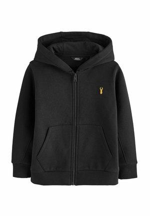 Schwarze zip-up Kapuzenjacke aus Baumwollmischgewebe. Verfügt über eine Kängurutasche, gerippte Bündchen und ein kleines gelbes Hummer-Logo auf der Brust.