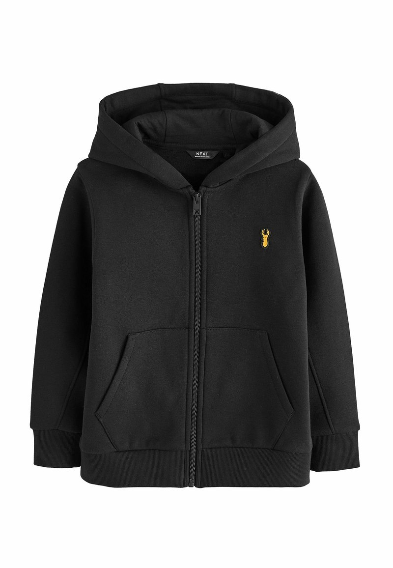 Felpa nera con zip realizzata in tessuto misto cotone. Presenta una tasca a marsupio, polsini a costine e un piccolo logo di astice giallo sul petto.