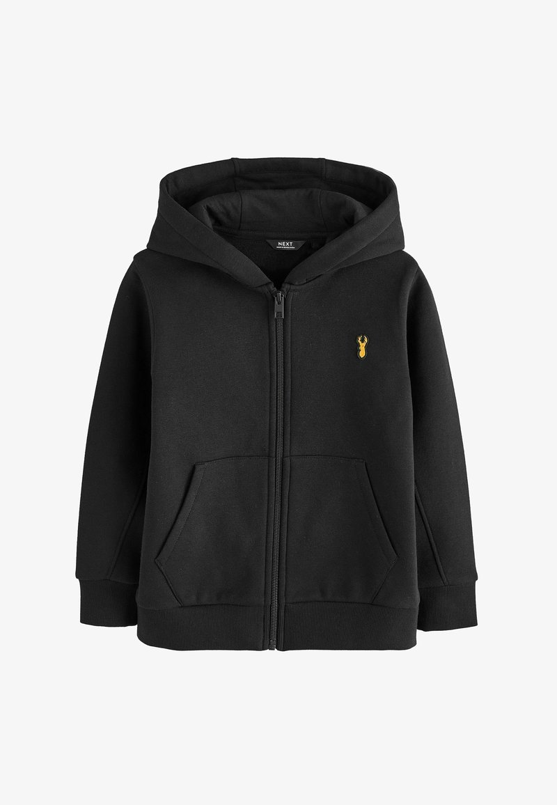 Schwarzer Kapuzenpullover mit Reißverschluss, Fronttaschen und kleinem gelbem Hummer-Logo auf der linken Brust.