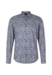 Langarm knoopshirt in blauw en room, met een bloemmotief, gespreide kraag en knoopsluiting aan de voorkant. Gemaakt van een lichtgewicht stof.