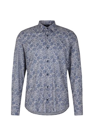 Camicia a maniche lunghe con bottoni in blu e crema, caratterizzata da un motivo floreale, colletto a punta e chiusura frontale con bottoni. Realizzata in un tessuto leggero.
