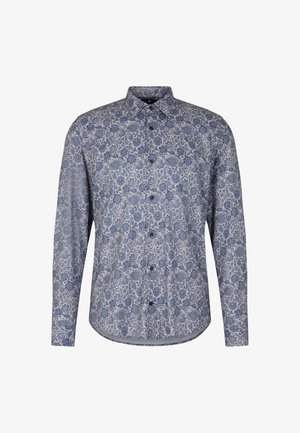 Koszula z długim rękawem, zapinana na guziki, w niebiesko-kremowym kolorze, z florystycznym wzorem, z kołnierzykiem typu spread i z przodu zapinaną na guziki. Wykonana z lekkiego materiału.