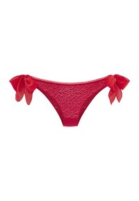 Rode kanten bikini onderkant met een patroon, voorzien van satijnen strikken op de heupen en een delicate geschulpte rand langs de tailleband.