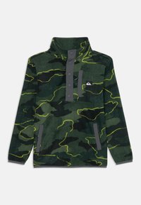 Zöld camo mintás fleece pulóver, élénk sárga részletekkel, magas gallérral és elülső, gombos záródással, szürke panelel.