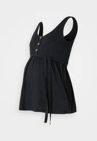 Haut de maternité noir avec design sans manches, décolleté en V, fermeture à trois boutons et ceinture à nouer. Matériau doux, forme drapée et texture plissée.