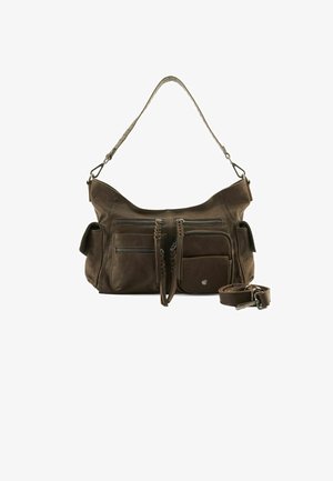 Sac à main en cuir marron avec une surface texturée, deux poches avant zippées et une bandoulière amovible. Il présente des accents tressés et une poche latérale.