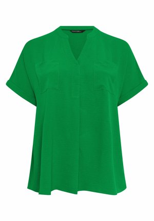 Grüne Bluse mit kurzen Ärmeln und aufgekrempelten Bündchen, zwei Brusttaschen und V-Ausschnitt, lockere Passform und strukturierter Stoff.