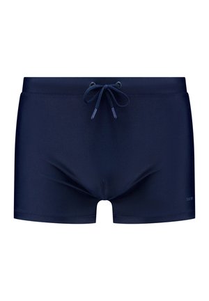 Marinefarbene Schwimmshorts aus glattem, elastischem Material. Mit einem Frontzugband, kurzer Länge und minimaler Markenkennzeichnung an der Seite.