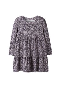 Langärmliges rosa Kleid mit dunklem Blumenmuster, geraffter Taille und mehrstufigem Rüschensaum, entworfen für Kinder.