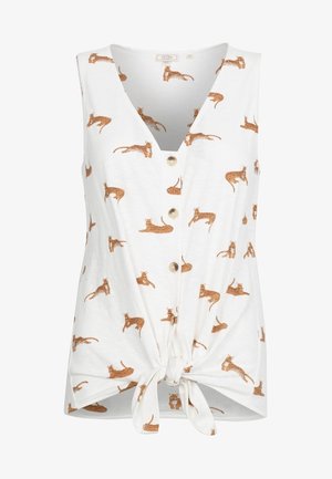 Top blanc sans manches avec des boutons sur le devant et un nœud, avec un motif de petits guépards bruns allongés.