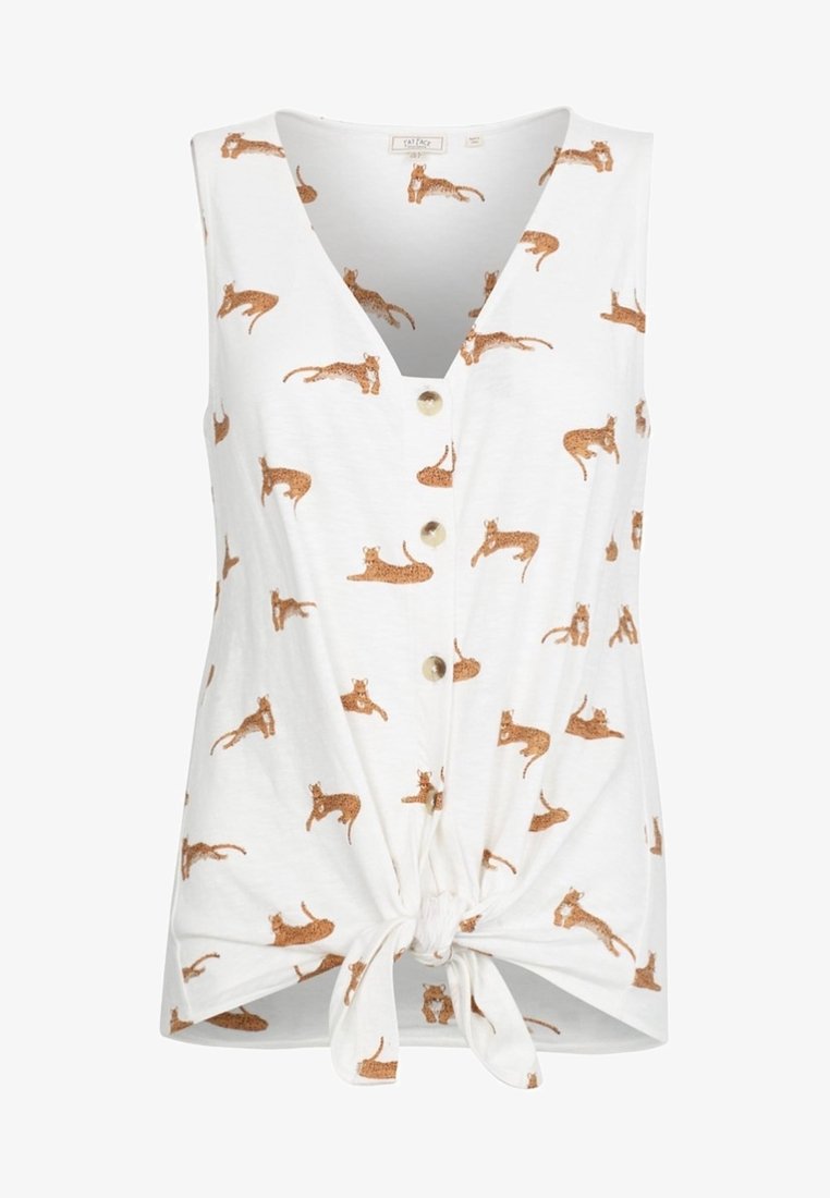 Top blanc sans manches avec des boutons sur le devant et un nœud, avec un motif de petits guépards bruns allongés.