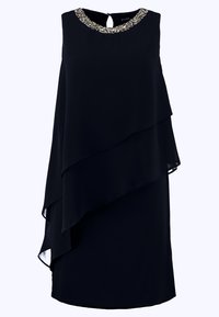 Mörkblå ärmlös klänning med lagerdesign, som har en pärlbesatt halsringning och en kikhålsrygg. Tillverkad av lättviktigt tyg.