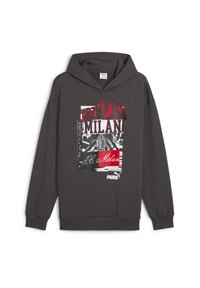 Felpa con cappuccio grigio scuro con una grafica frontale che presenta "Forza Milan" in rosso e bianco, accentuata da una stampa invecchiata; realizzata in tessuto morbido.