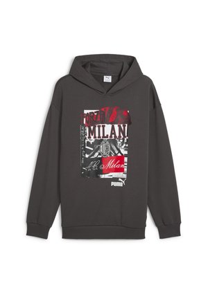 Sötétszürke kapucnis pulóver elől "Forza Milan" felirattal, piros és fehér színekben, elhasználódott nyomattal kiemelve; puha anyagból készült.