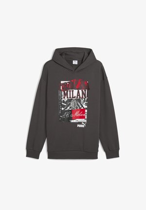 Sötétszürke kapucnis pulóver elől "Forza Milan" felirattal, piros és fehér színekben, elhasználódott nyomattal kiemelve; puha anyagból készült.