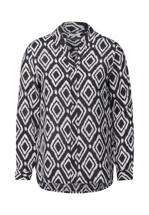 Zwart-witte blouse met lange mouwen en een ruitpatroon, voorzien van een knoopsluiting aan de voorkant en een klassieke kraag. Lichtgewicht stof met een zachte textuur.