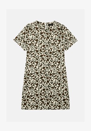 Korte mouw jurk met luipaardprint in crème, met zwarte en bruine patronen, rechte snit en een sleutelasopening aan de achterkant.