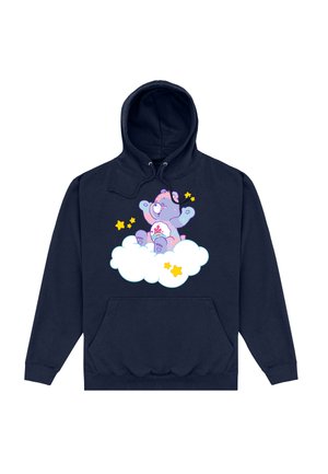 Mørkeblå hættetrøje med en frontlomme, der har et grafisk motiv af en lilla bjørn på en sky med gule stjerner. Lavet af blødt stof, casual design.