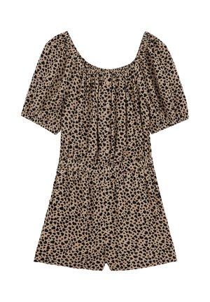 Brun og sort leopardmønstret romper med korte pufærmer, knaplukning foran, elastisk talje og rund halsudskæring.