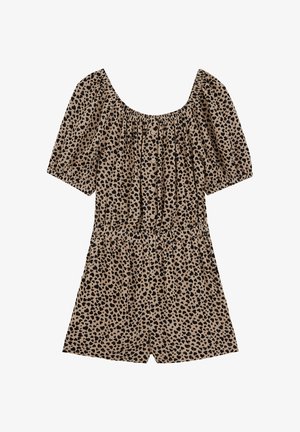 Brauner und schwarzer Leopardenmuster-Overall mit kurzen Puffärmeln, Knopfleiste vorne, elastischem Bund und rundem Ausschnitt.