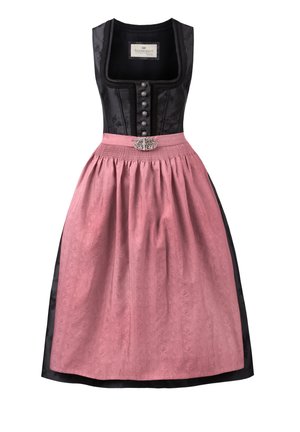 Traditional dirndl dress featuring a black bodice with buttons, a pink patterned skirt, and a decorative silver brooch at the waist.