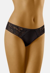 Biancheria intima nera con bordino in pizzo e motivi floreali, tessuto morbido, design a vita bassa e bordi senza cuciture per il massimo comfort.