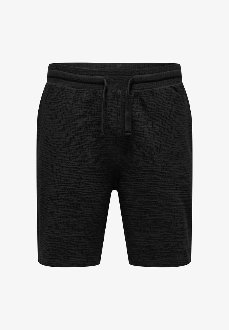 Sorte shorts med snøre og elastisk talje, forlommer og længde til midt på låret.