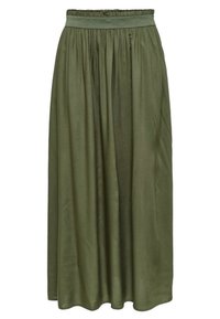 Lunga gonna verde oliva con vita arricciata, vestibilità morbida e texture del tessuto liscia, appesa dritta senza motivi o decorazioni.