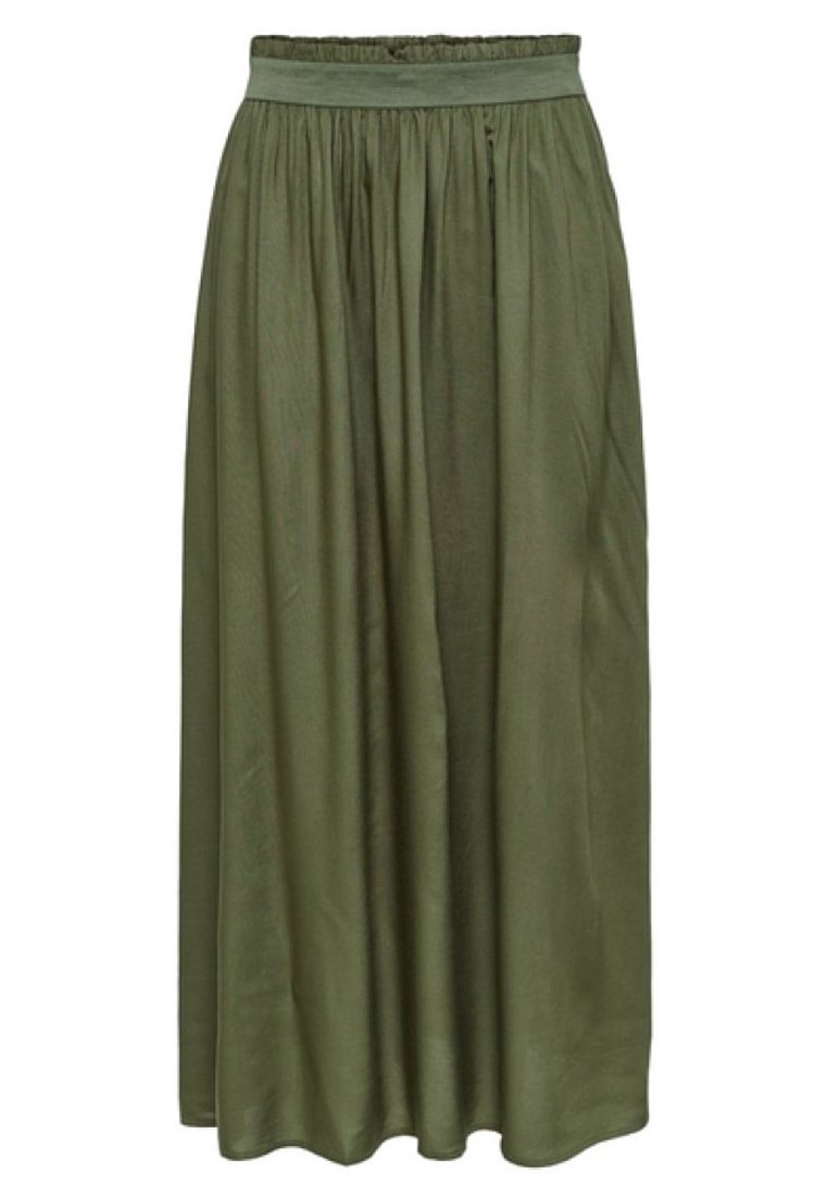 Lunga gonna verde oliva con vita arricciata, vestibilità morbida e texture del tessuto liscia, appesa dritta senza motivi o decorazioni.