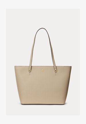 Beige nahkainen olkalaukku, jossa on kaksinkertaiset olkahihnat ja pieni kultainen "RL"-logo lähellä yläreunan keskikohtaa.