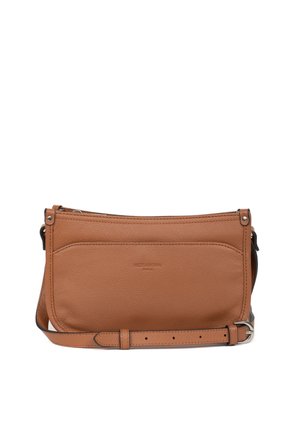 Borsa a tracolla in pelle marrone con chiusura a zip, tracolla regolabile e tasca anteriore. Texture liscia con design minimalista e logo impresso.