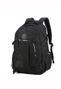 Zaino in nylon nero con numerosi scomparti con cerniera, spallacci imbottiti, design in rilievo e dettagli riflettenti per una maggiore visibilità.