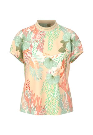 Kurzärmlige Bluse aus weichem Stoff mit einem pfirsichfarbenen Hintergrund und grünen sowie korallenfarbenen botanischen Druckmotiven. Rundhalsausschnitt und lockere Passform.