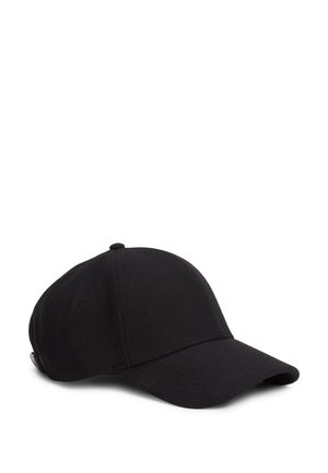 Casquette de baseball noire avec visière incurvée et sangle ajustable posée sur fond blanc.