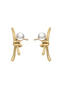 Náušnice ve zlatém tónu s designem z točeného kovu a uprostřed s bílou perlou. Lehé k nošení, s zapínáním na náušnicové kolíčky pro bezpečné uchycení.