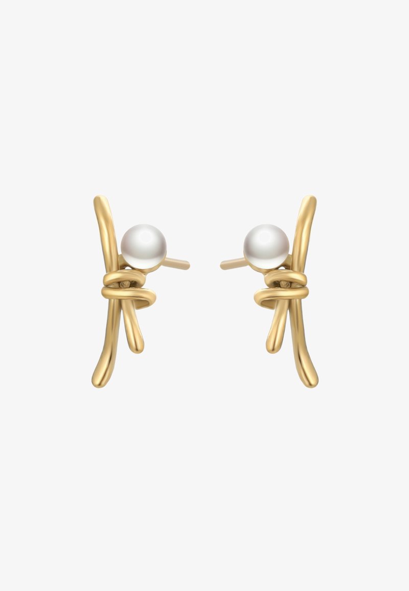 Náušnice v zlatej farbe s prekrúteným kovovým dizajnom a centrálnou bielou perlou. Ľahké s kolíkovými zámkami pre bezpečné nosenie.