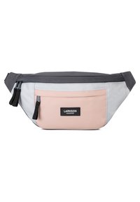Marsupio in tessuto grigio, grigio chiaro e rosa, dotato di una tasca frontale, patch con logo e doppie zip. Texture liscia.