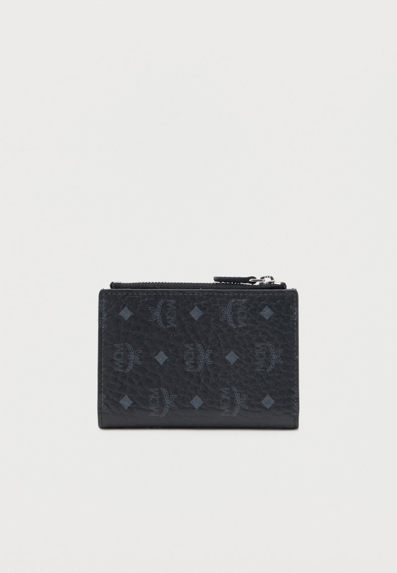 Black leather wallet with textured finish, featuring a diamond pattern and logo accents. Zip closure along the top edge. Compact rectangular shape.