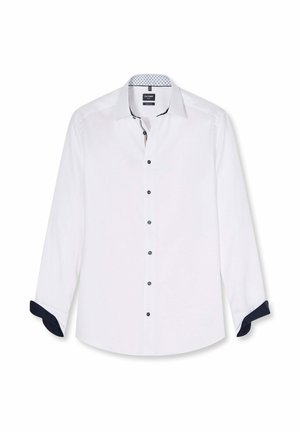 Weißes Herren-Hemd mit langen Ärmeln, schwarzen Knöpfen, kontrastierendem dunklem Innenkragen und Manschetten sowie gemustertem Innenkragenfutter.