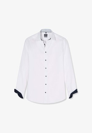 Weißes Herren-Hemd mit langen Ärmeln, schwarzen Knöpfen, kontrastierendem dunklem Innenkragen und Manschetten sowie gemustertem Innenkragenfutter.