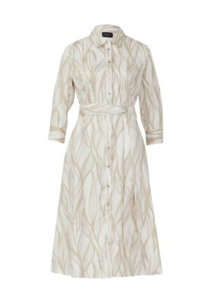 Langes, knöpfbares Kleid mit Kragen, das ein beiges Blattmuster auf einem hellen Stoff zeigt. Enthält einen passenden Gürtel in der Taille.