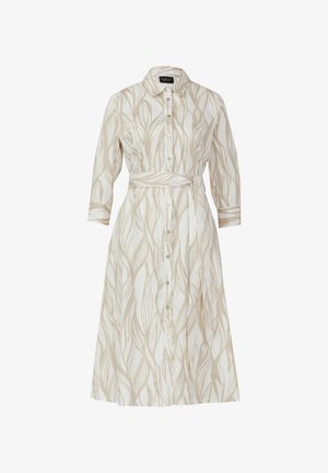 Langes, knöpfbares Kleid mit Kragen, das ein beiges Blattmuster auf einem hellen Stoff zeigt. Enthält einen passenden Gürtel in der Taille.