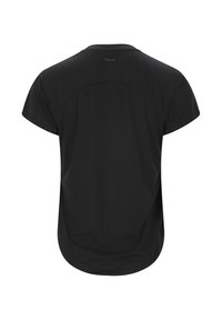 Schwarzes T-Shirt mit kurzen Ärmeln und abgerundetem Saum aus glattem Material. Verfügt über ein dezentes Logo-Tag auf der Rückseite nahe dem Halsausschnitt.