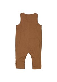 Brauner Baumwoll-Overall mit ärmellosem Design, klaren Linien und geraden Beinen; verfügt über eine einfache Rückenpasse und keine sichtbaren Verschlüsse.