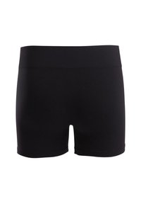 Pantaloni corti neri elasticizzati con una vita a coste, texture liscia e design aderente. Adatti per varie attività e per essere indossati a strati.