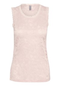 Bezrukávový top v jemně růžové barvě s květinovým krajkovým vzorem, s vykrojeným dekoltem a lemy. Měkký materiál s přiléhavým střihem.