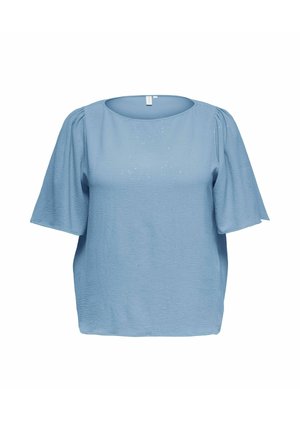 Hellblaue kurzärmelige Bluse mit strukturierter Oberfläche, rundem Ausschnitt und leicht ausgestellten Ärmeln auf weißem Hintergrund.